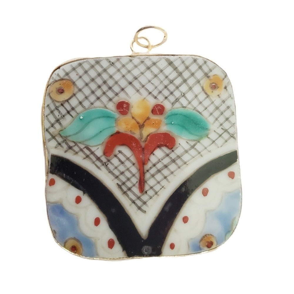 Vintage Hand Painted Talavera Tile Pottery Shard Pendant Floral Square Jewelry